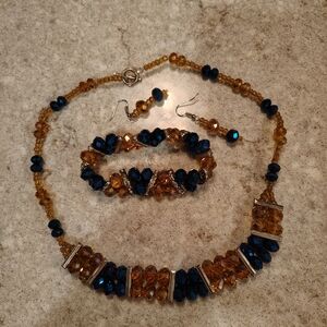 Elegant 3 Piece Gold and Blue Beaded Jewelry Set